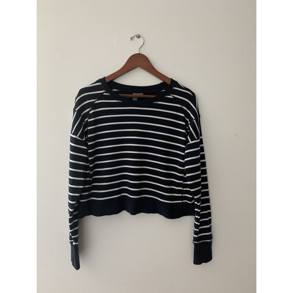 Sweaty Betty After Class Crop Sweatshirt Sz 4 Navy White Stripe Drop Shoulder